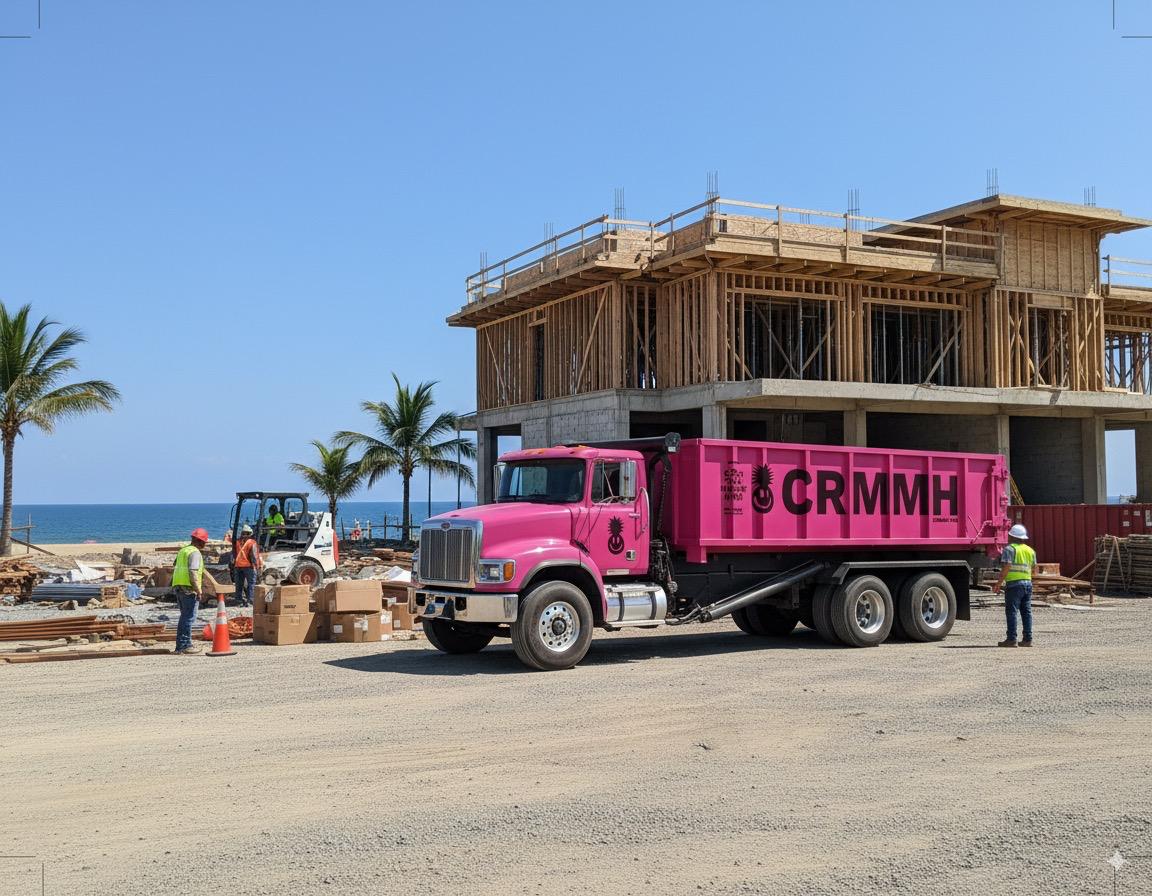CRMMH roll-off truck at a coastal construction site in Costa Rica